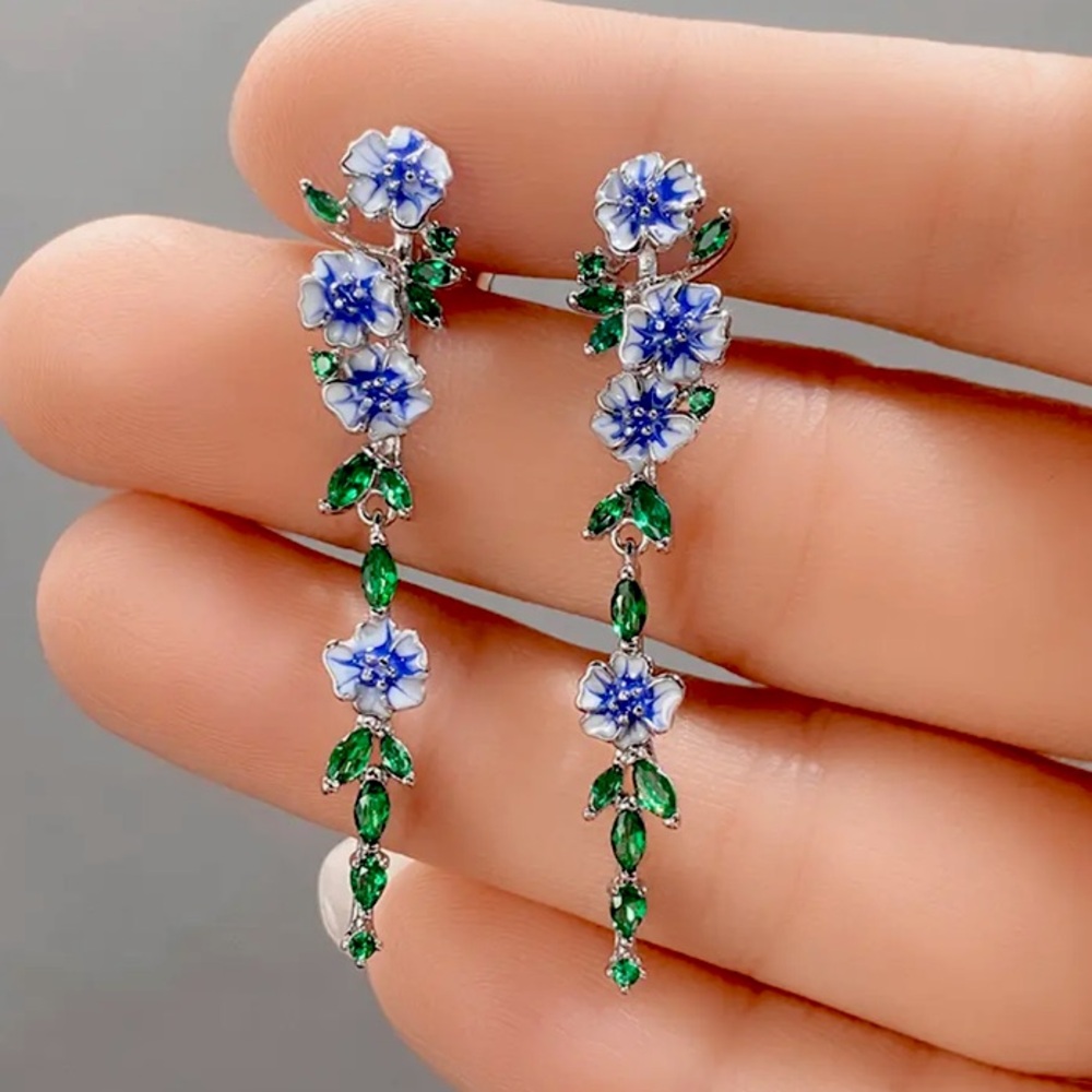 🌟 Blue Flower Long Hanging Earrings Silver Enamel Drop Delicate